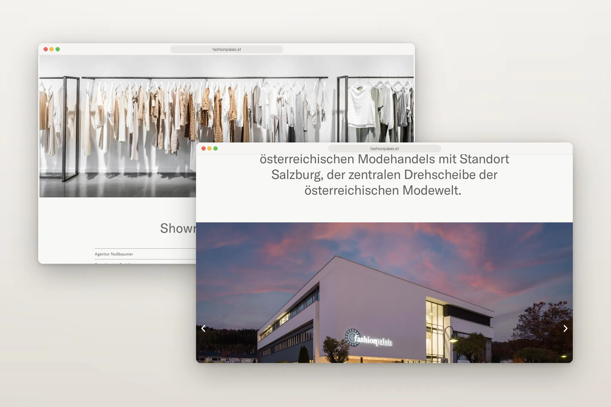 Website des Fashionpalais: Showrooms und Bildergalerie in zwei Browserfenstern