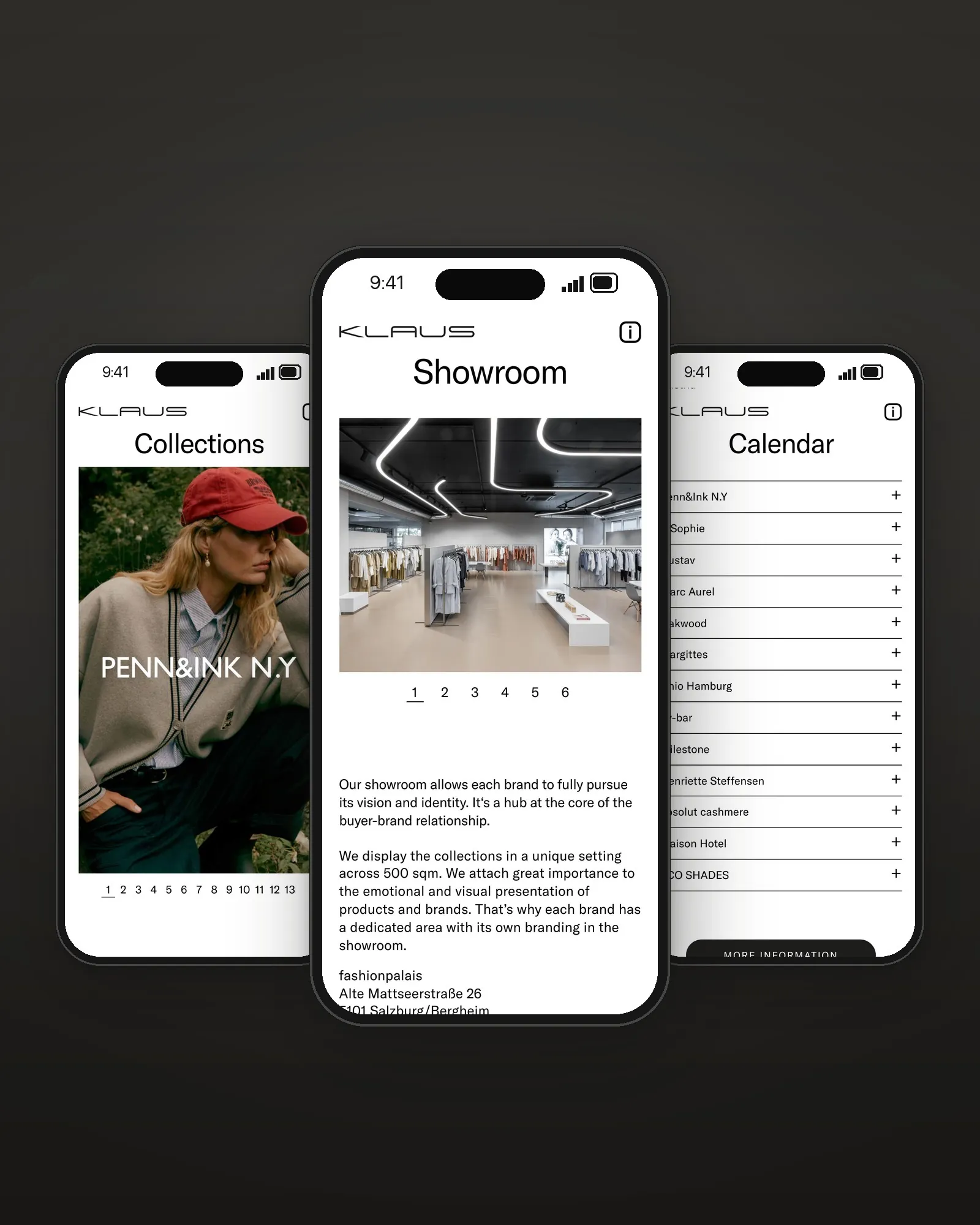 Mobile Website der Modeagentur KLAUS auf drei Smartphones