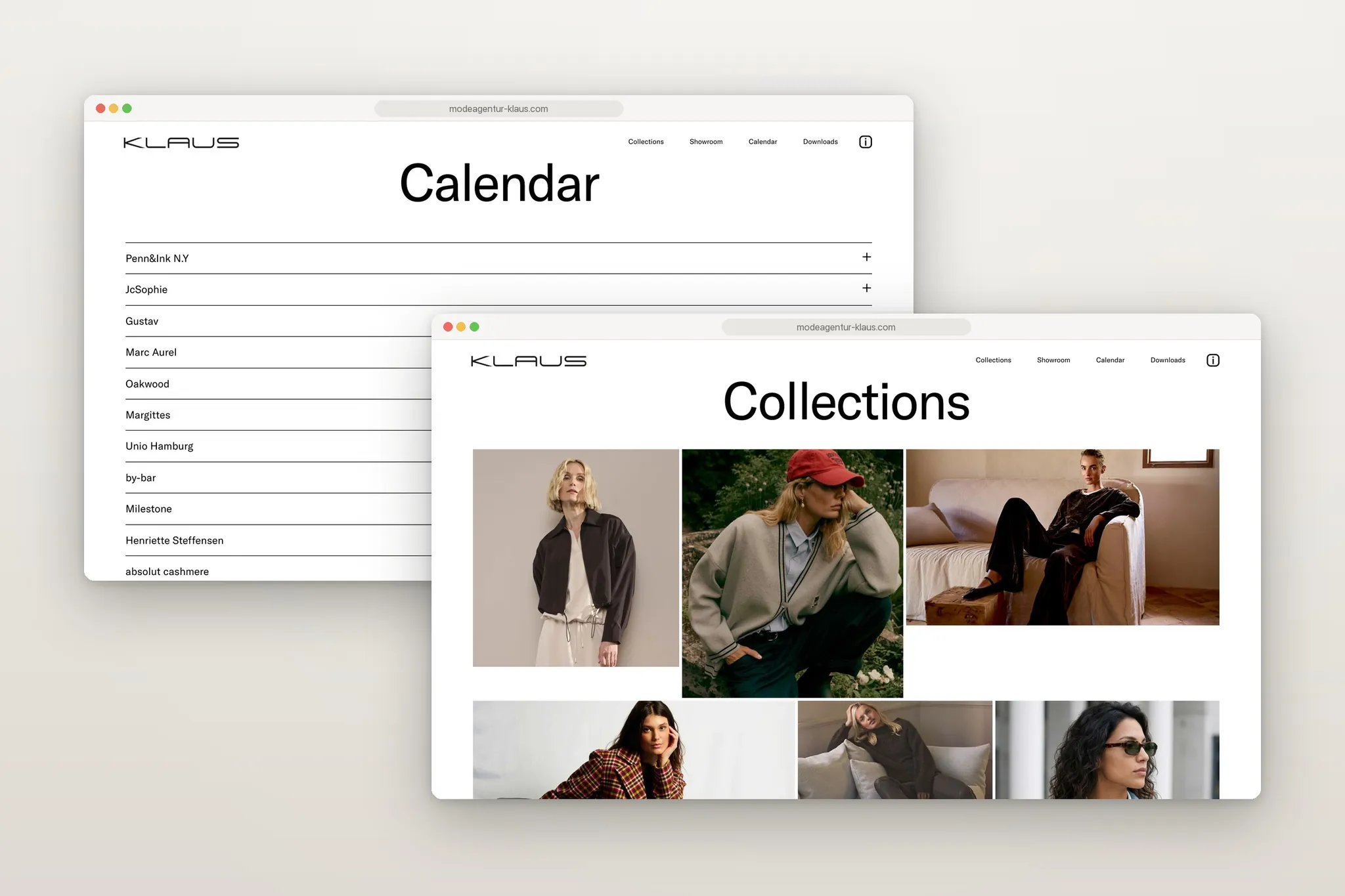 Website der Modeagentur KLAUS: Collections und Messekalender in zwei Browserfenstern