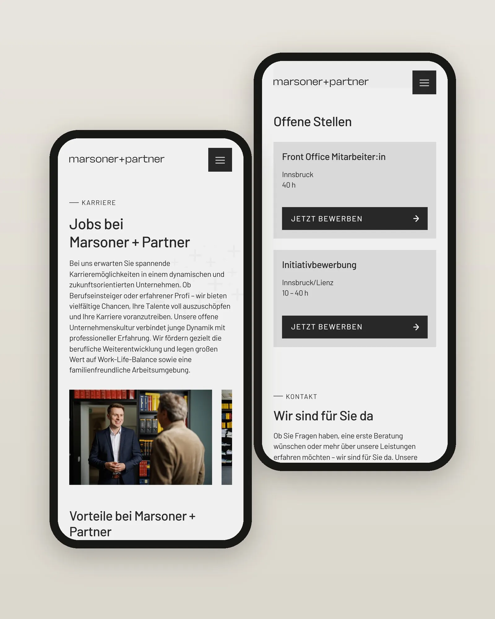 Karriereseite von marsoner.at mit offenen Stellen auf dem Smartphone