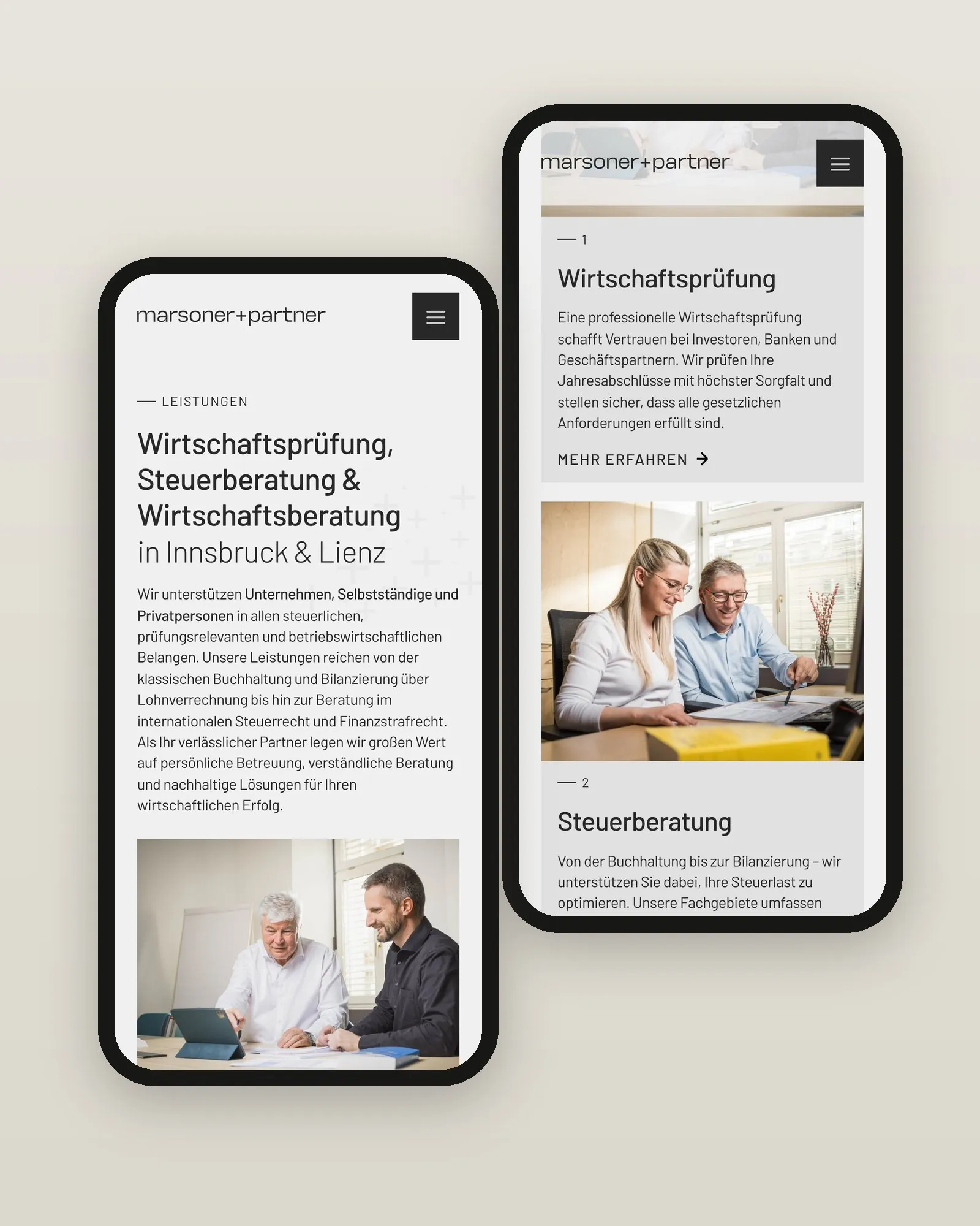 Leistungsseite von marsoner.at mit Wirtschaftsprüfung und Steuerberatung auf dem Smartphone