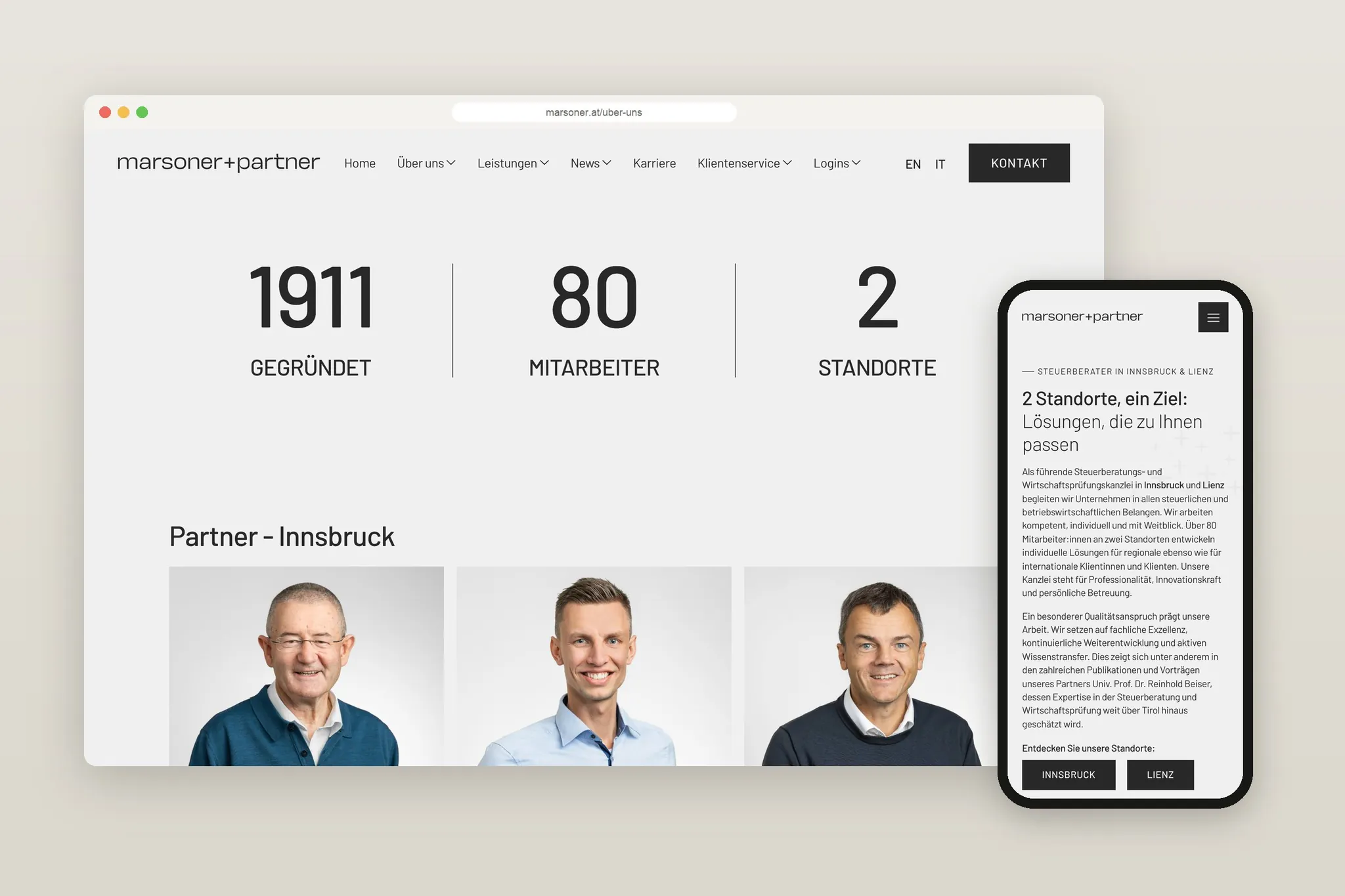 Über-uns-Seite von marsoner.at mit Kennzahlen und Partnerportraits auf Desktop und Smartphone