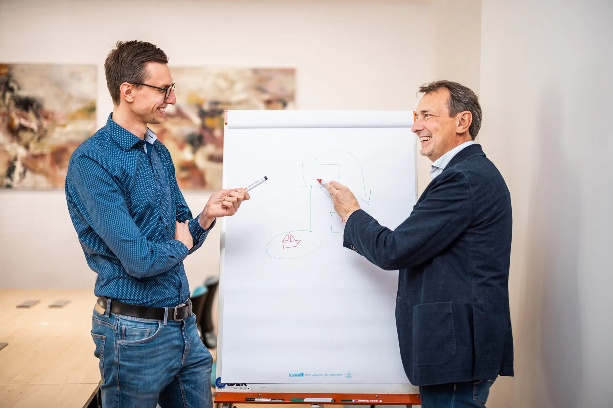 Zwei Kollegen arbeiten gemeinsam am Flipchart