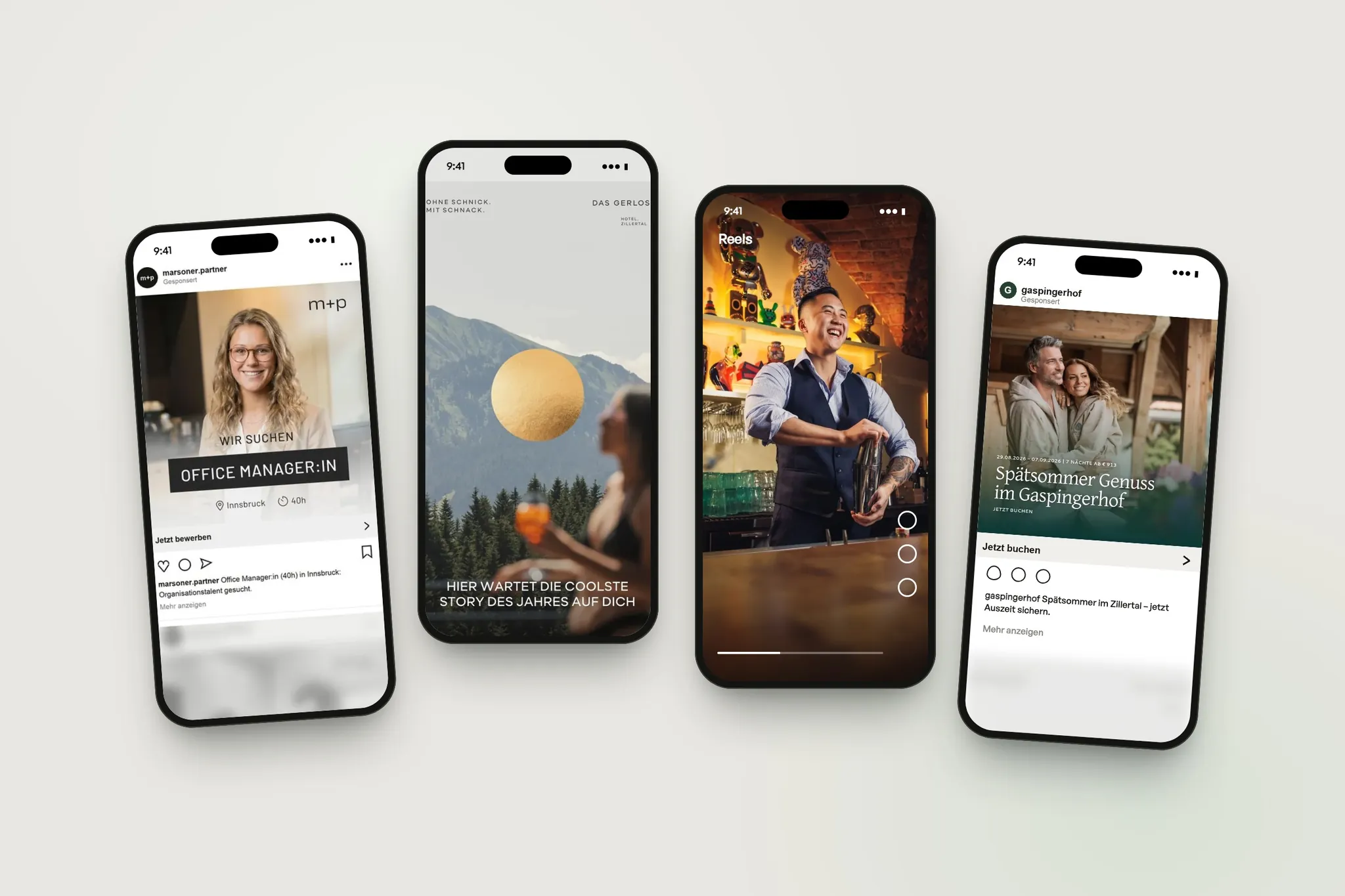 Social-Media-Kampagnen von DAJOHA auf Smartphones: Recruiting-Anzeige, Instagram-Story, Reel und Meta-Ad